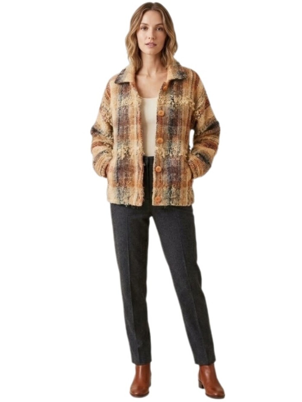 Elizabeth Jenkins Taos Jacket Plaid Wool Blend Artisan Tan Multicolor Size XL - Picture 16 of 16